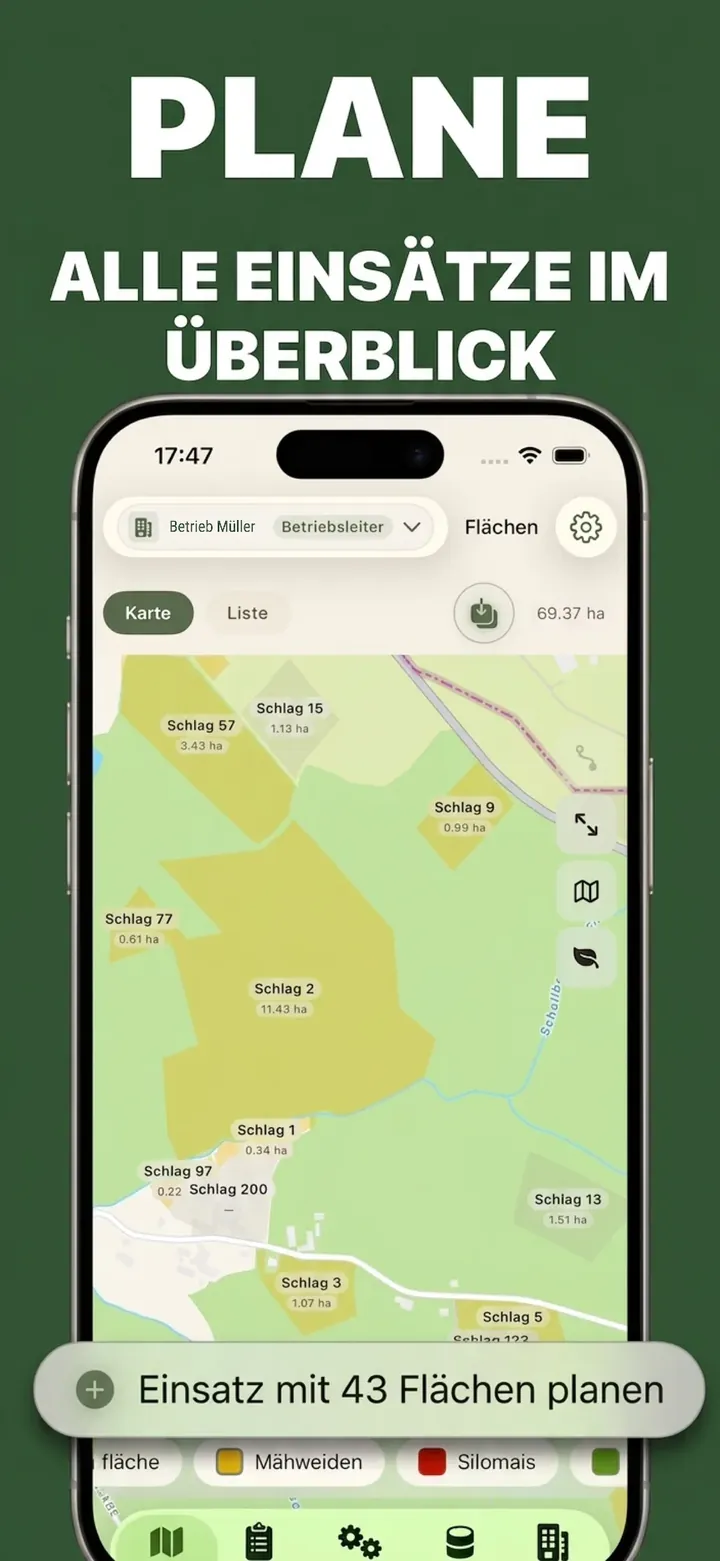 FeldBlick Einsatzplanung mit ausgewählten Schlägen und Schnellplaner-Button